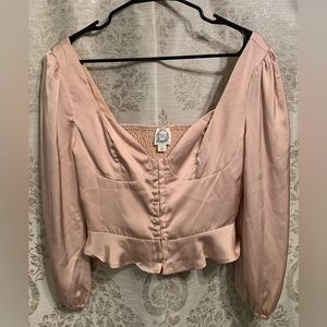 Pink Blue Rain Cropped Satin Cottagecore Blouse